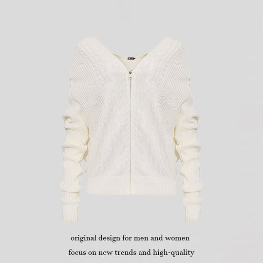 Damen figurnahe Zopfmuster-Strickjacke mit durchgehendem Reißverschluss und weitem V-Ausschnitt Shop Nory