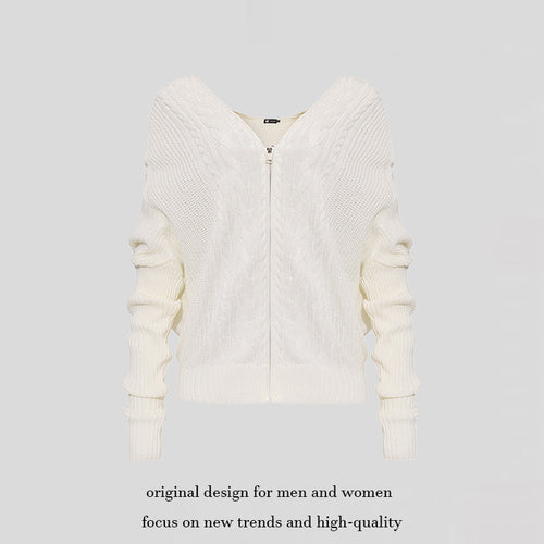 Damen figurnahe Zopfmuster-Strickjacke mit durchgehendem Reißverschluss und weitem V-Ausschnitt Shop Nory