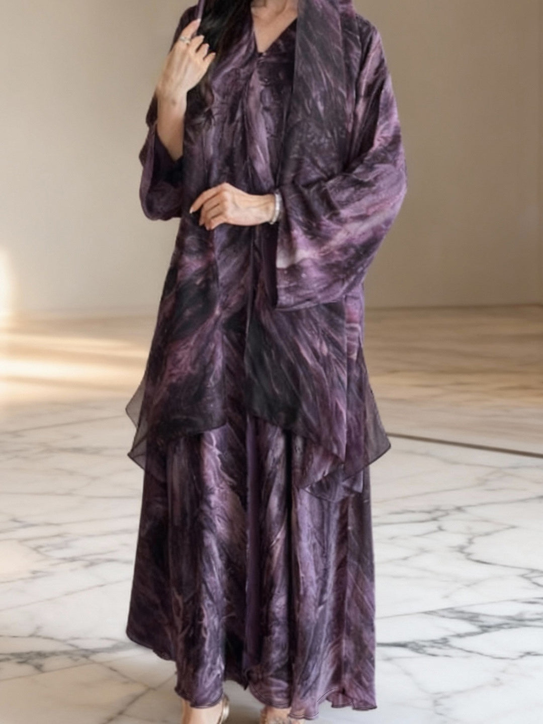 Damen nan langes fließendes Kapuzenkaftan Kleid mit weitem Arm und mehrlagigem Chiffon Shop Nory