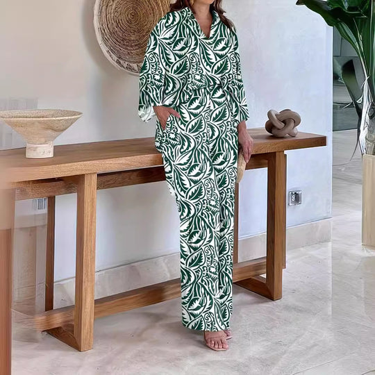 Damen Gemustertes Kimono-Lounge-Set mit weitem Palazzohose aus leichtem Viskose-Mix Shop Nory