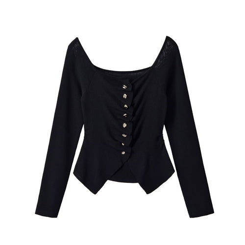 Damen Gerüschtes Langarm-Top mit asymmetrischem Schößchen und Zierknopfleiste Shop Nory