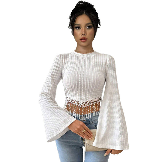 Damen gehäkeltes Spitzen-Crop-Top mit ausgestellten Trompetenärmeln und Häkelfransen Shop Nory