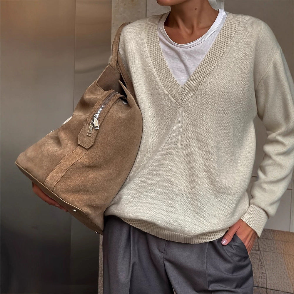 Damen Oversize V-Ausschnitt Pullover aus Kaschmir-Mix mit geripptem Saum Shop Nory
