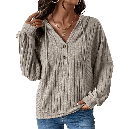 Damen Gerippter Kapuzenpullover mit V‑Ausschnitt, Knopfleiste und Oversize-Ärmeln Shop Nory