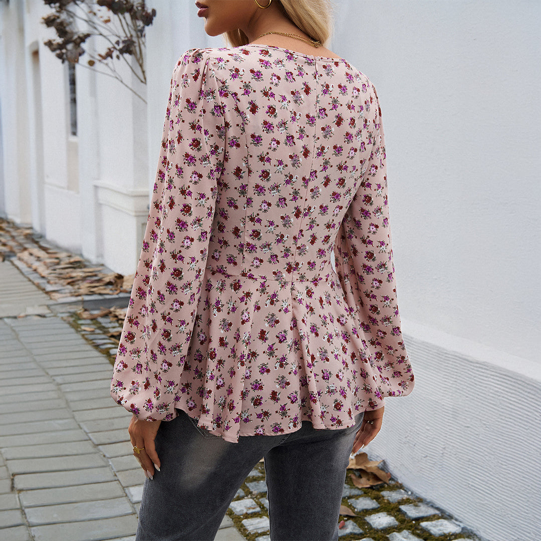 Damen nan taillierte Blumenbluse mit quadratischem Ausschnitt, Raffung und Schößchen-Silhouette Shop Nory