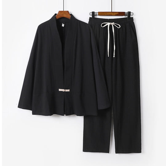 Herren Zen-inspiriertes Kimono-Loungewear-Set aus leichter Baumwollmischung mit offenem Schnitt und Kordelbundhose Shop Nory
