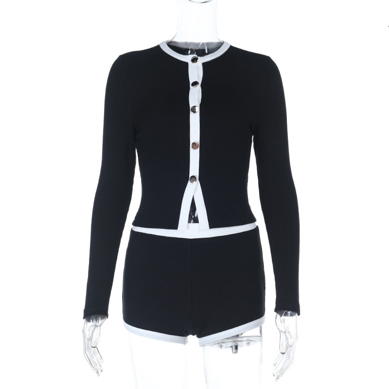Damen Kurzes geripptes Strick-Set mit Knopfcardigan und High‑Waist-Shorts Shop Nory