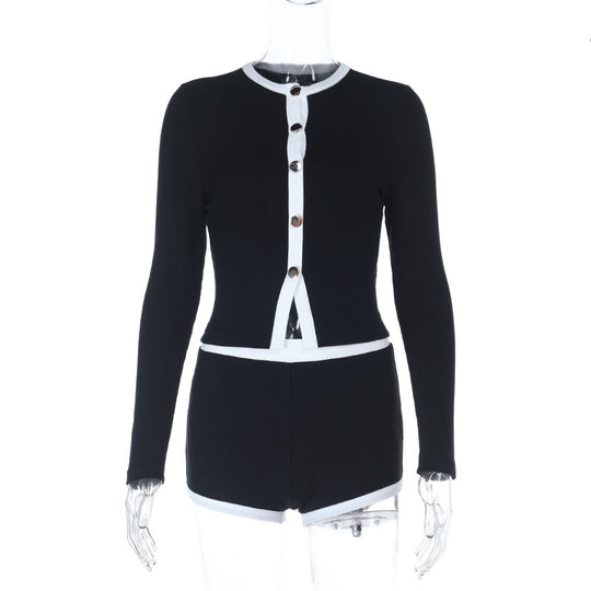 Damen Kurzes geripptes Strick-Set mit Knopfcardigan und High‑Waist-Shorts Shop Nory