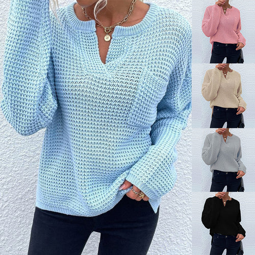 Damen Waffelstrick-Pullover mit V-Schlitz, oversized Schnitt und Ballonärmeln Shop Nory