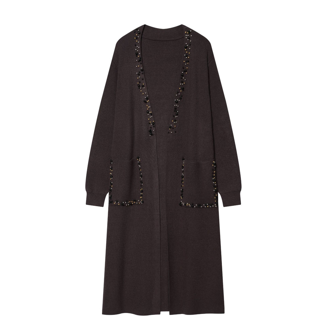 Damen lange offene Strickjacke mit Perlenbesatz und aufgesetzten Taschen Shop Nory