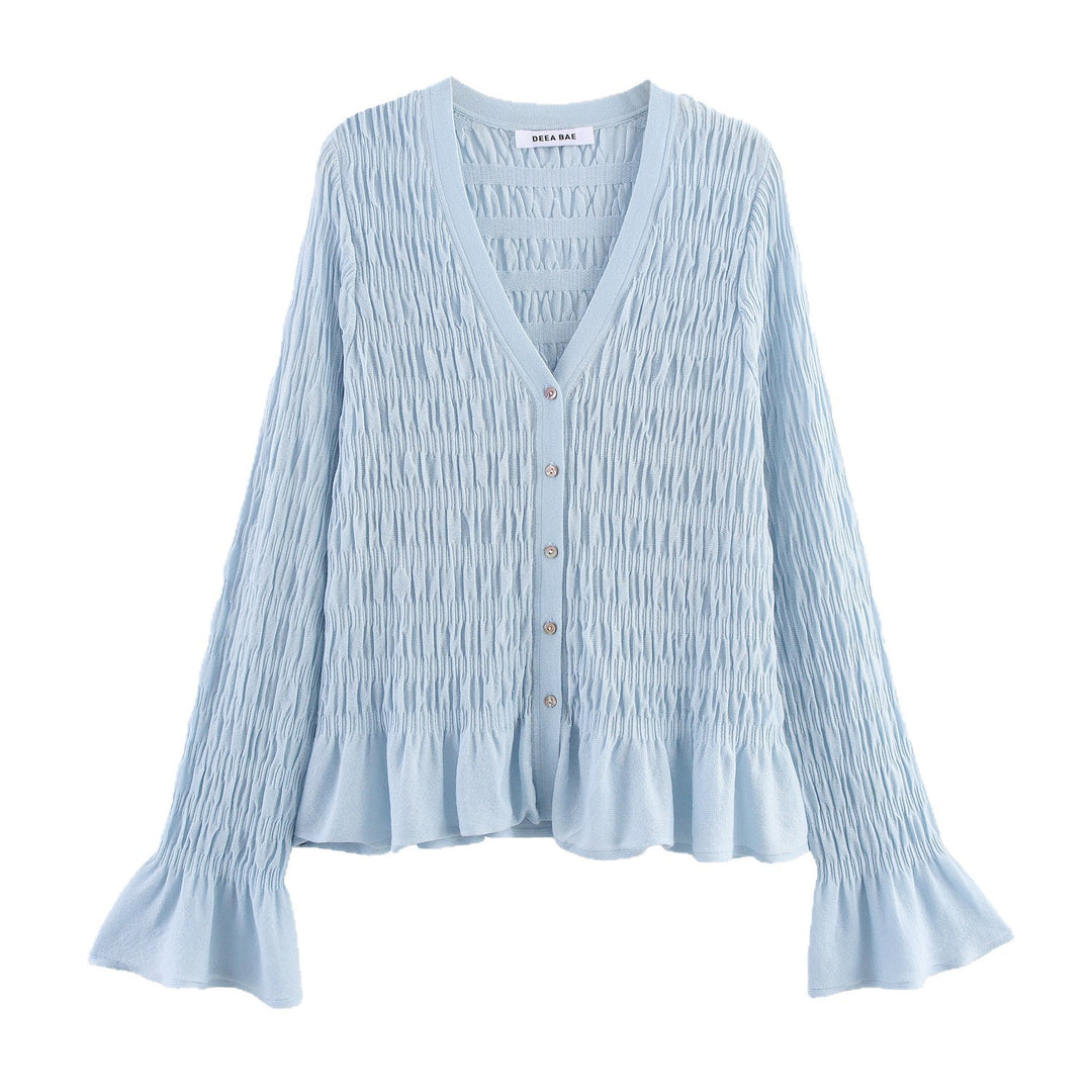Damen geraffte Smock-Cardigan mit V-Ausschnitt und Volantärmeln Shop Nory