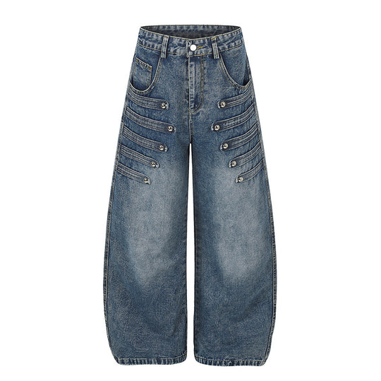 Damen Weite Denim-Palazzo-Jeans mit dekorischen Riegelnähten und Zierknopf-Details Shop Nory
