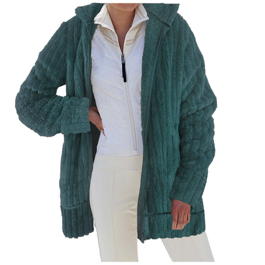 Damen Oversize Teddy‑Fleece Kapuzenmantel mit Rippbündchen und Eingrifftaschen Shop Nory