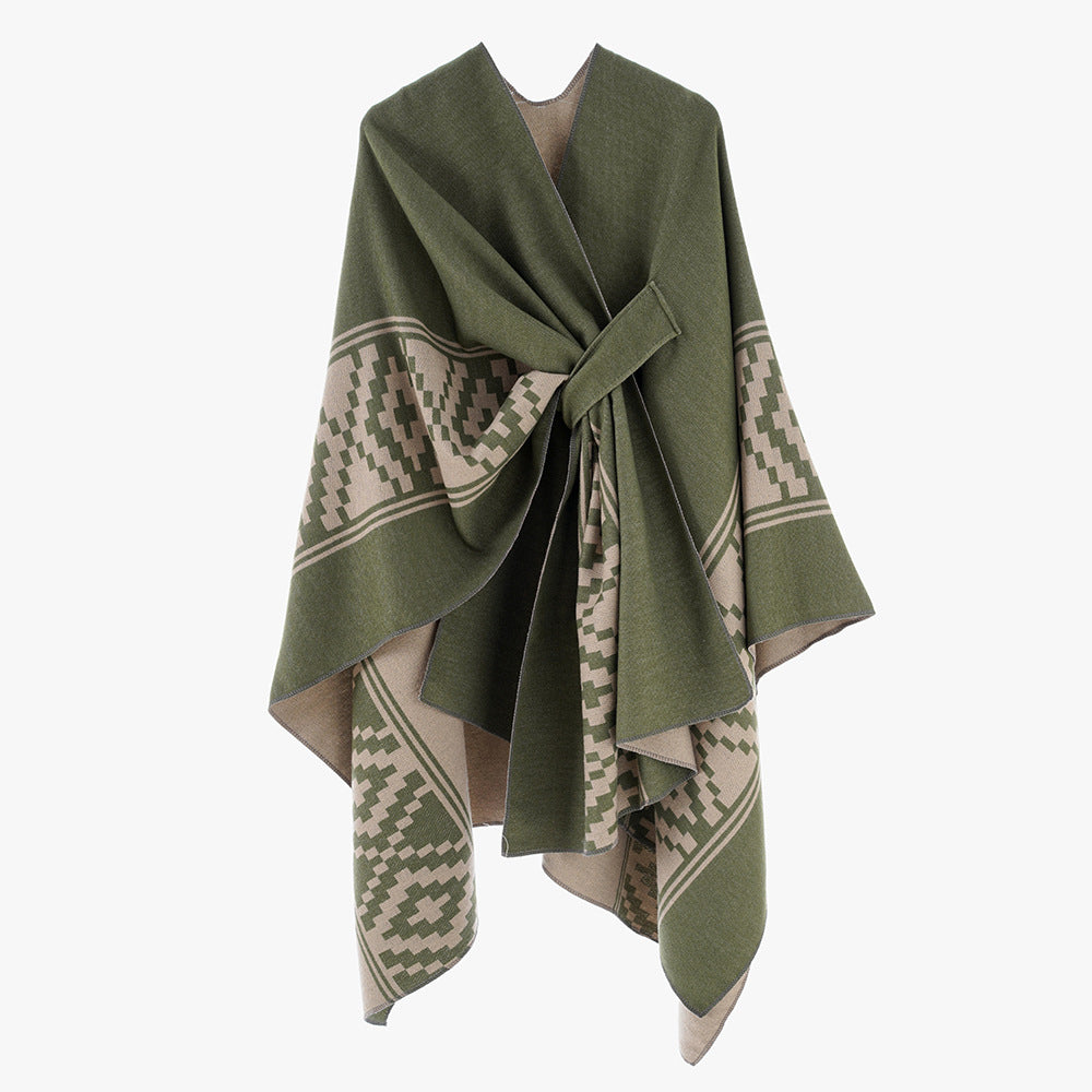 Damen Jacquard‑Ruana mit Bindegürtel und geometrischem Muster Shop Nory