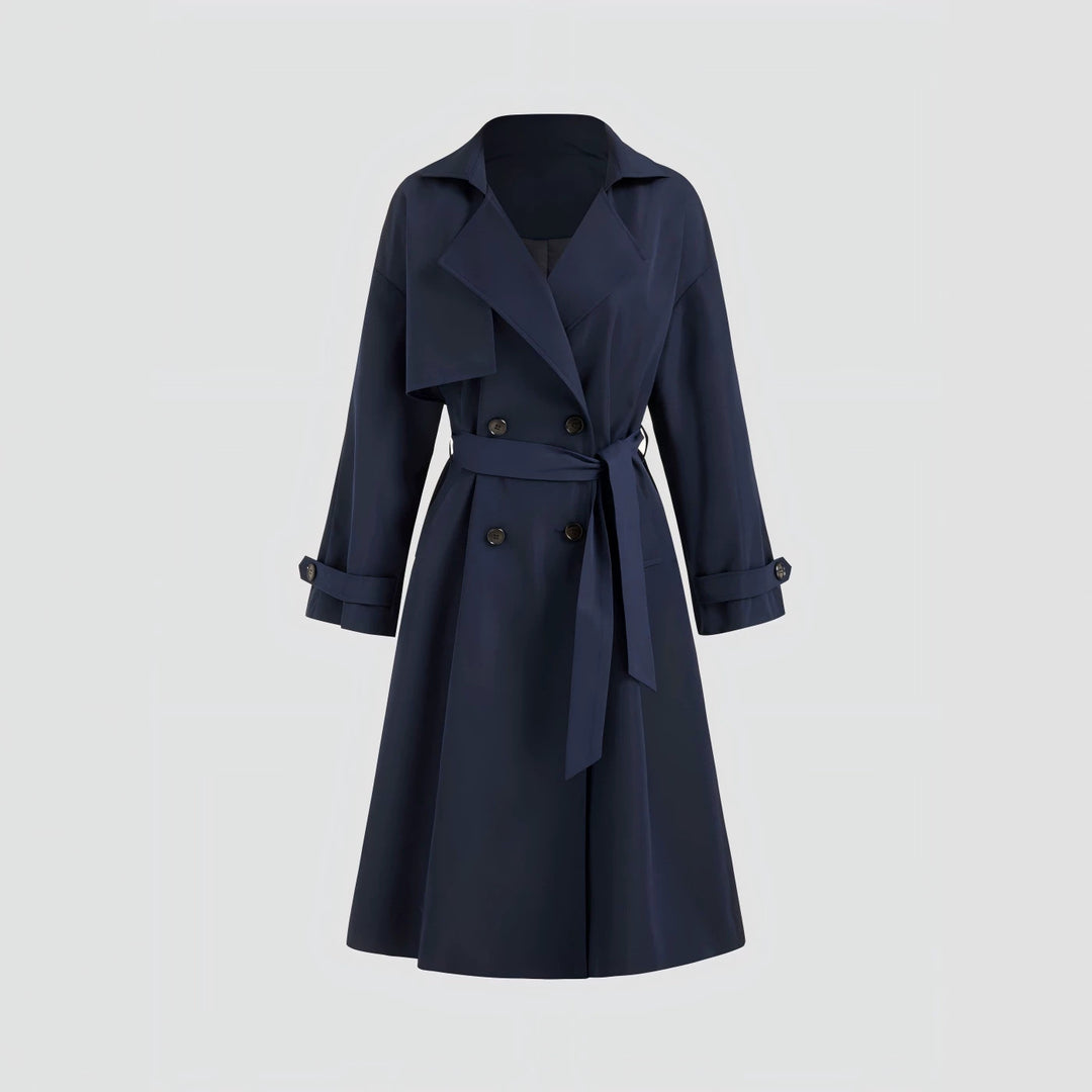 Damen Langer Trenchcoat-Mantel mit weiter Silhouette, Reverskragen und Taillengürtel Shop Nory