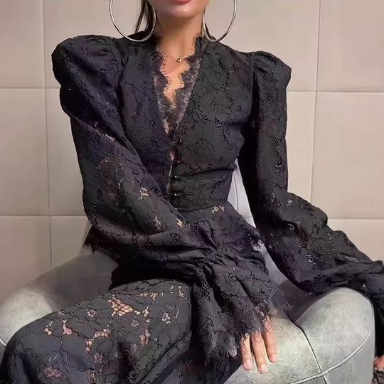 Damen Spitzen-Zweiteiler mit kurzer Spitzenjacke und Meerjungfrauen-Midirock Shop Nory