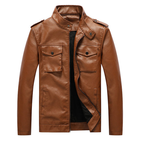 Herren schlanker Kunstleder‑Fieldblouson mit Stehkragen, Brustpattentaschen und Reißverschluss Shop Nory