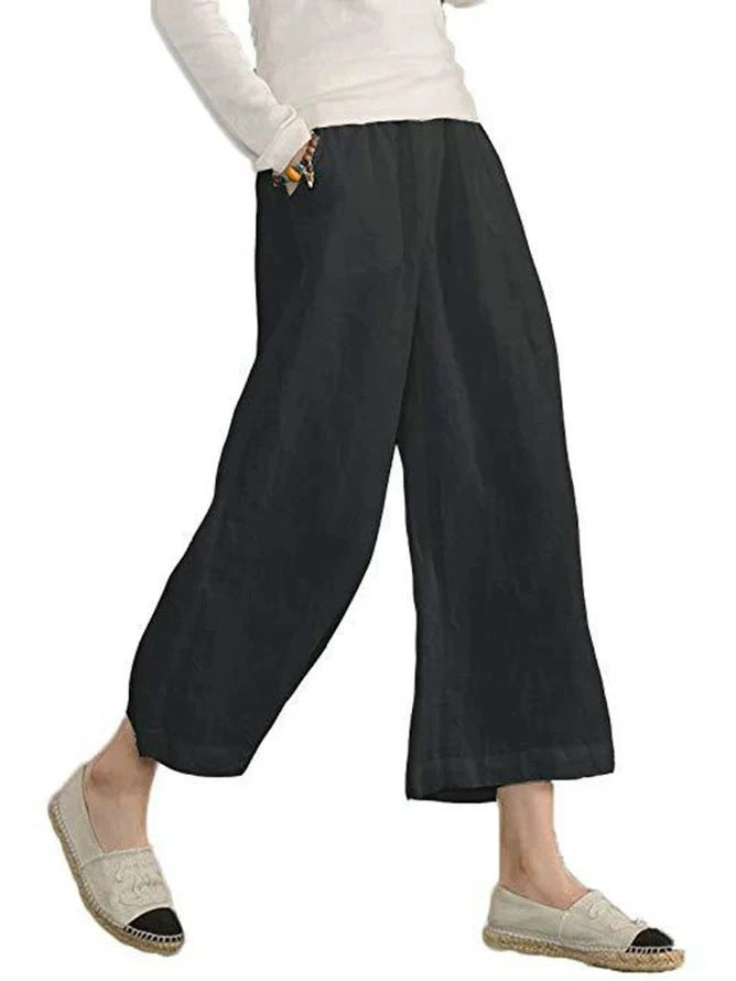 Damen weite Leinenhose mit seitlichen Taschen und elastischem Bund