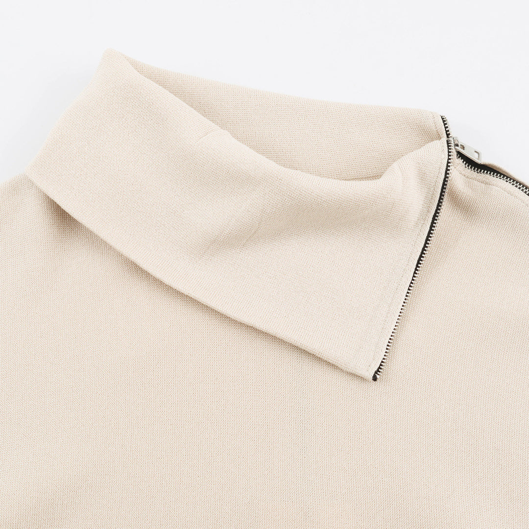 Damen Asymmetrischer Feinstrick-Pullover mit Schalkragen, Schulterreißverschluss und Zipper-Ärmel Shop Nory