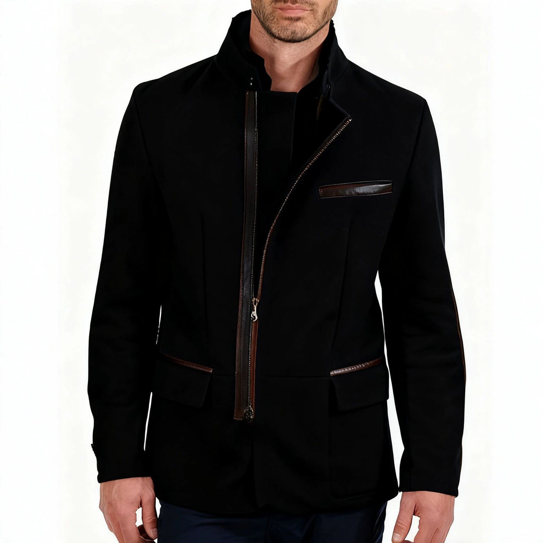 Herren Veloursleder-Fieldjacke im Fliegerstil mit Stehkragen, asymmetrischem beidseitig öffnendem Reißverschluss und kontrastierenden Lederbesätzen Shop Nory