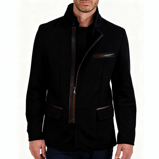 Herren Veloursleder-Fieldjacke im Fliegerstil mit Stehkragen, asymmetrischem beidseitig öffnendem Reißverschluss und kontrastierenden Lederbesätzen Shop Nory