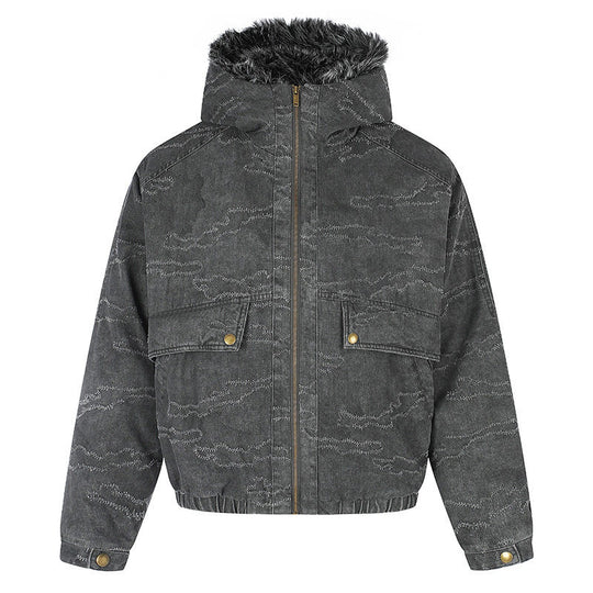 Damen Wattierte Kapuzen‑Bomberjacke mit Kunstfellbesatz, Camouflage‑Effekt und elastischem Saum Shop Nory