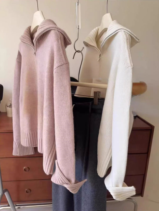 Damen Oversize Feinstrickpullover mit halbem Reißverschluss und weitem Rollkragen Shop Nory