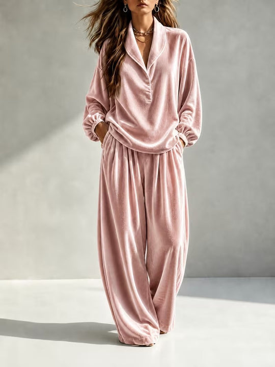 Damen Luxuriöses Velours-Loungewear-Set mit Schalkragen und weiter Palazzo-Hose Shop Nory