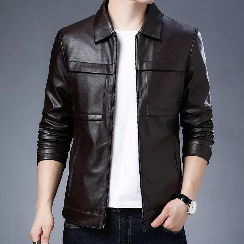 Herren Slim‑Fit Lederoptik-Truckerjacke mit Hemdkragen, verdecktem Reißverschluss und Pattentaschen Shop Nory