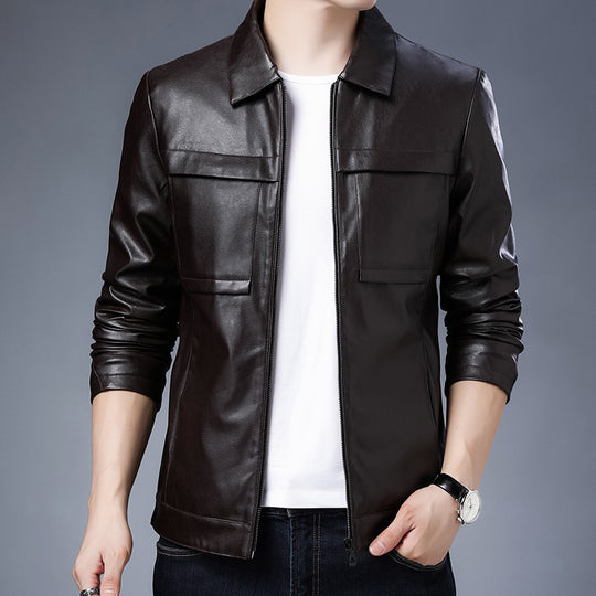 Herren Slim‑Fit Lederoptik-Truckerjacke mit Hemdkragen, verdecktem Reißverschluss und Pattentaschen Shop Nory