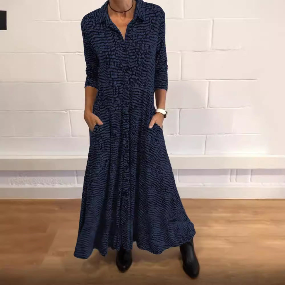 Damen nan fließendes Maxikleid mit Hemdblusenkragen, V-Ausschnitt, dreiviertelärmeln und Seitentaschen