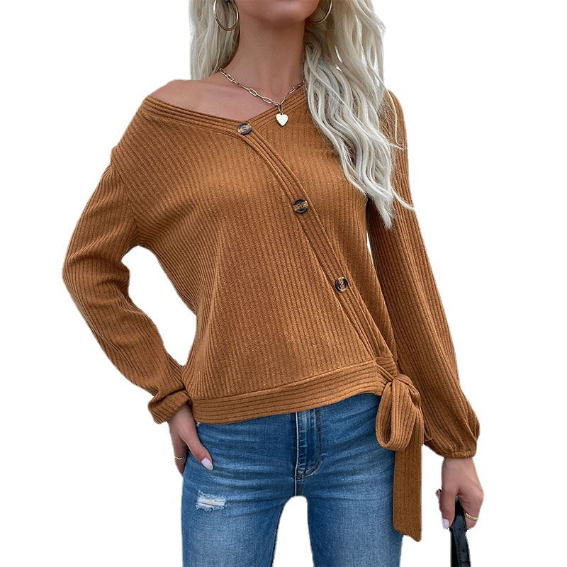Damen Gerippte Wickel-Strickjacke mit V‑Ausschnitt, asymmetrischer Knopfleiste und Taillenband Shop Nory