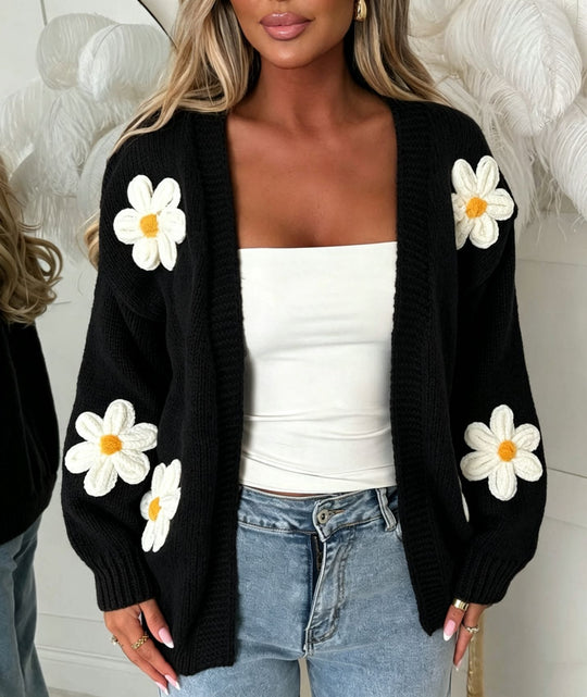 Damen Oversize-Strickcardigan mit 3D-Blumenapplikationen und geripptem Saum Shop Nory