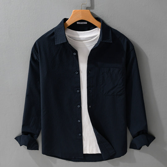 Herren Struktur-Overshirt aus atmungsaktivem Baumwollmix mit feinem Streifenrelief und Brusttasche Shop Nory