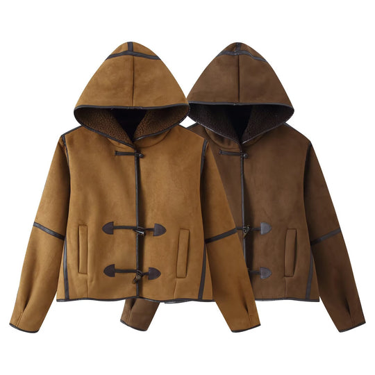 Damen Kurze Kapuzen-Lammfellimitat-Dufflejacke mit Knebelverschlüssen Shop Nory