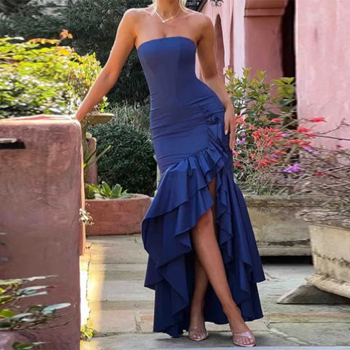Damen Dramatisches Hochzeitskleid mit Rüschen und Hohem Schlitz Shopnory