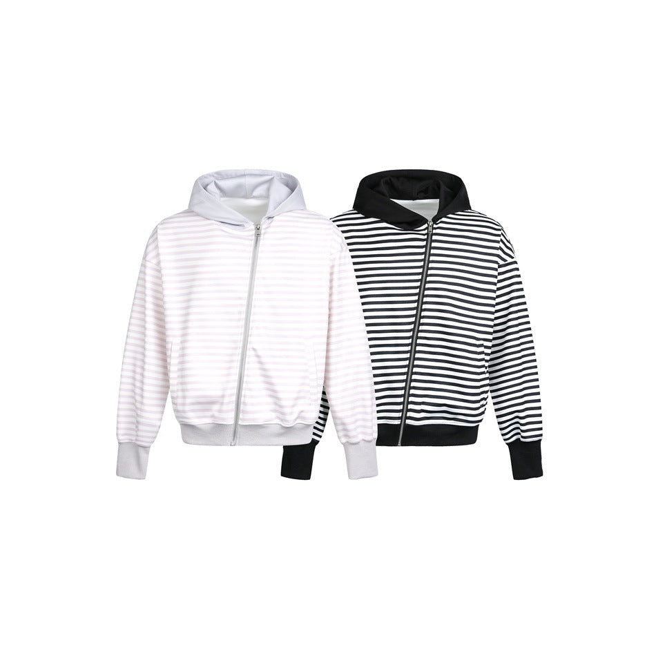 Damen Gestreifte Kapuzen-Zipjacke im Boxy‑Cut mit Rippbündchen und verdeckten Nahttaschen Shop Nory