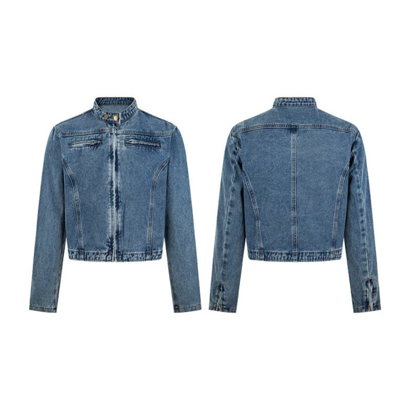 Damen Kurz geschnittene taillierte Jeansjacke mit Stehkragen und verdecktem Reißverschluss Shop Nory