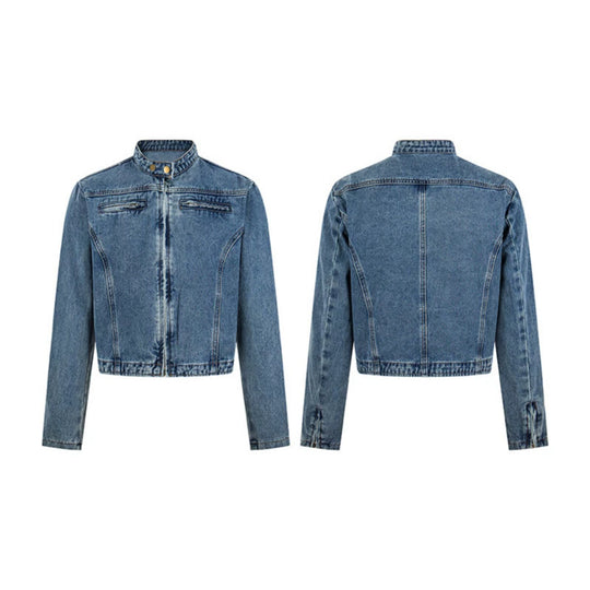Damen Kurz geschnittene taillierte Jeansjacke mit Stehkragen und verdecktem Reißverschluss Shop Nory