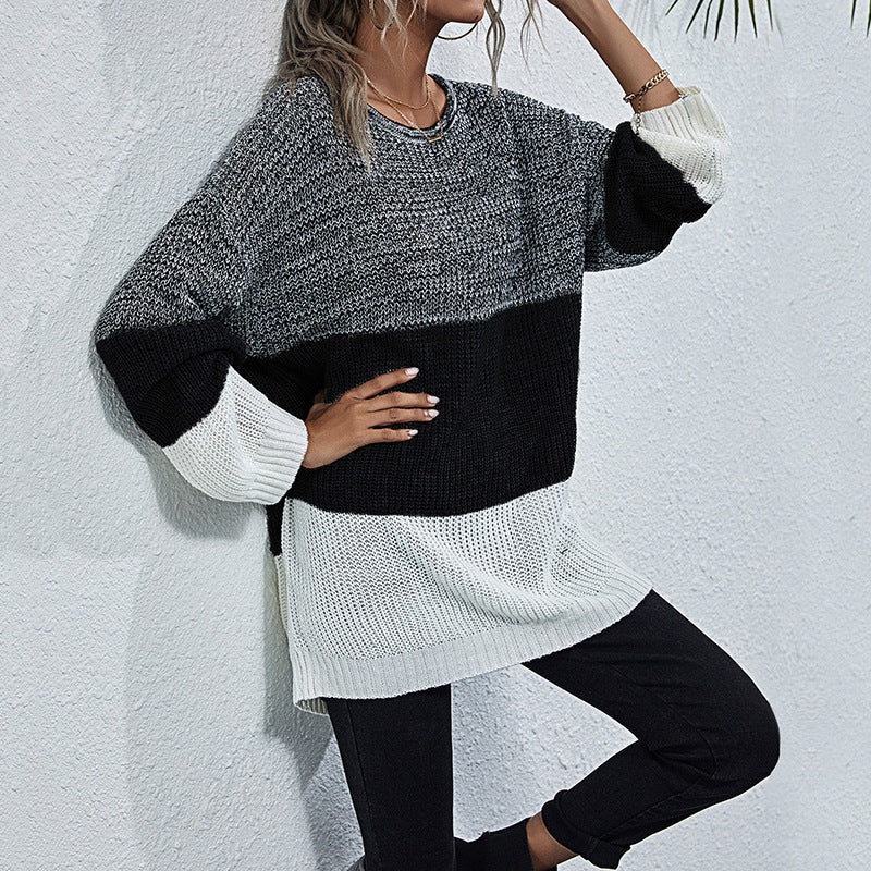 Damen Longline-Grobstrickpullover mit Farbbalken, Rundhalsausschnitt und leicht überschnittener Schulter Shop Nory