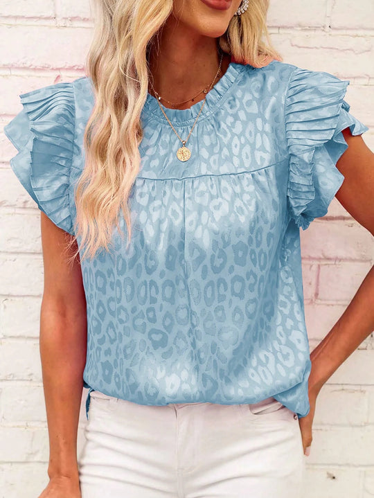 Damen Satinbluse mit Jacquard-Leoprint und gestuften Plissee-Volantärmeln Shop Nory
