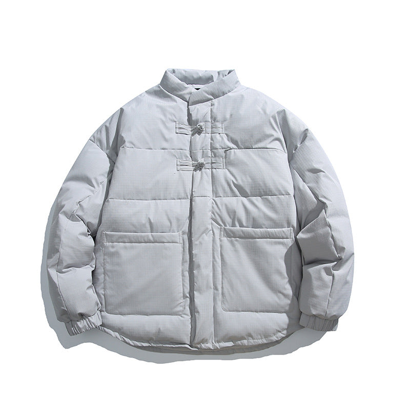 Unisex Boxy wattierte Stehkragenjacke mit chinesischen Knebelverschlüssen und großen Fronttaschen Shop Nory