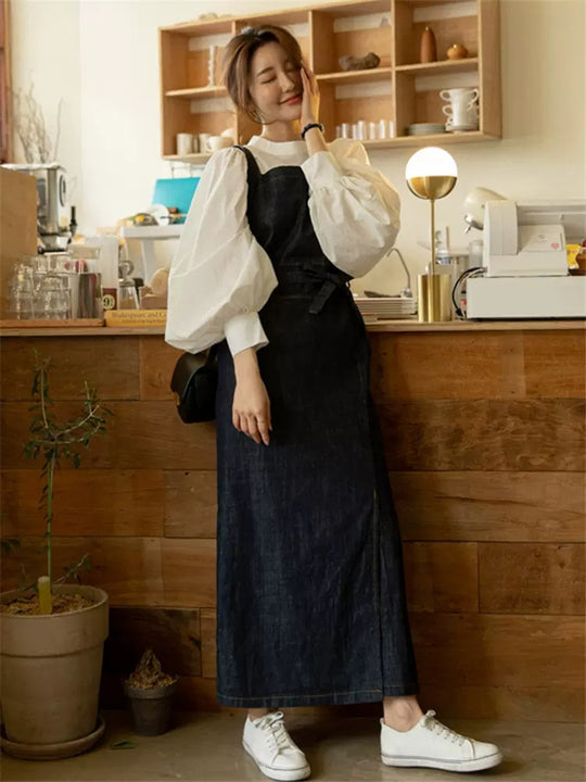 Damen Langes Jeans-Latzkleid mit eckigem Ausschnitt, Taillenband und vorderem Beinschlitz Shop Nory