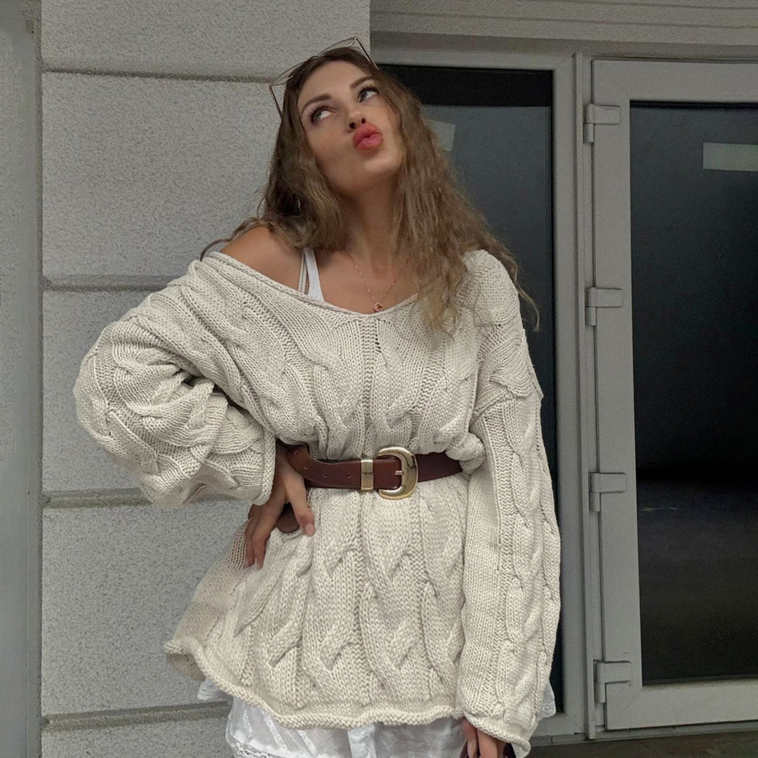 Damen nan lässiger Oversize-Strickpullover mit Zopfmuster und weitem V-Ausschnitt Shop Nory
