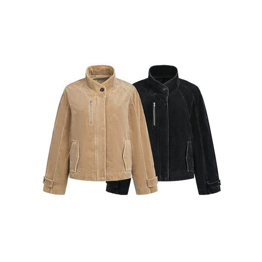 Damen Kurz geschnittene Cordjacke im Boxy‑Cut mit Stehkragen, Reißverschluss-Brusttasche und verstellbaren Manschetten Shop Nory