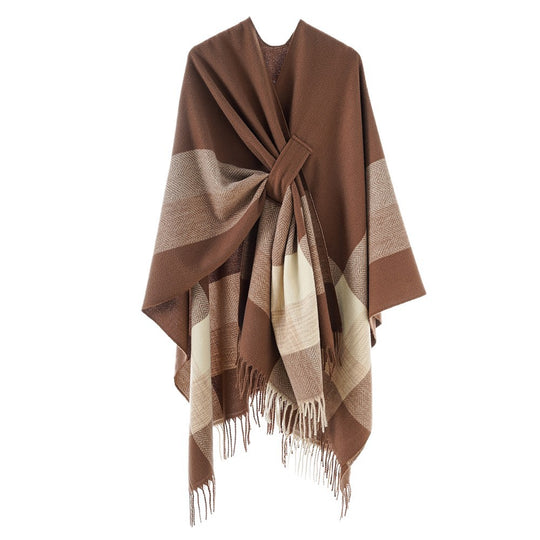 Damen Cape‑Poncho aus Wollmix mit Schlitzgürtel, geometrischem Jacquard und Fransensaum Shop Nory