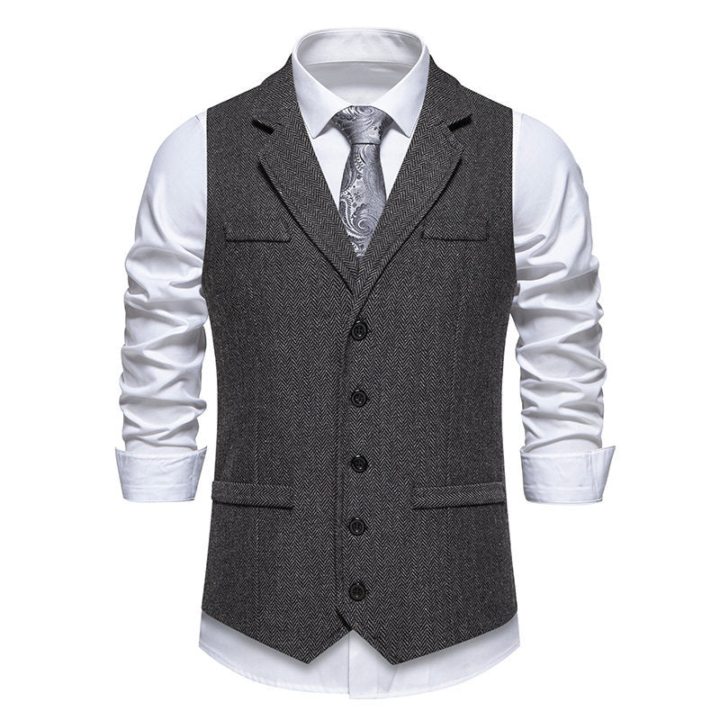 Herren Tweed-Weste mit Fischgrätmuster, Reverskragen und Pattentaschen Shop Nory
