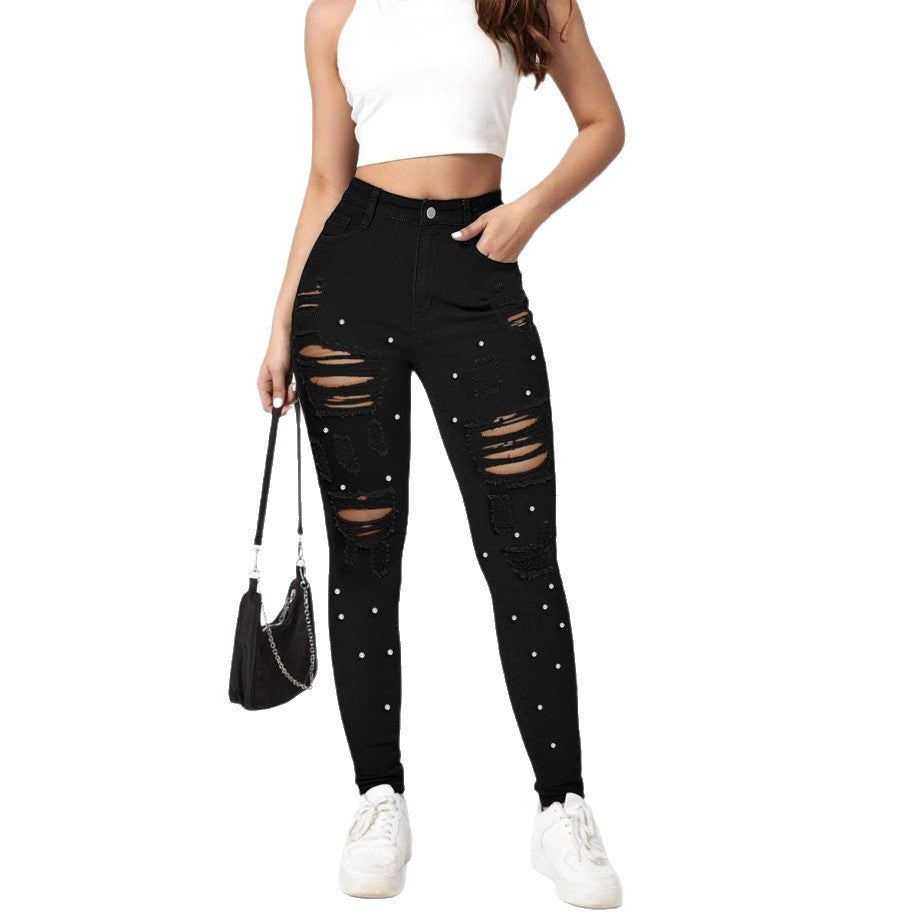 Damen Hochtaillierte zerrissene Skinny-Jeans mit Perlenbesatz und Sculpting-Effekt Shop Nory
