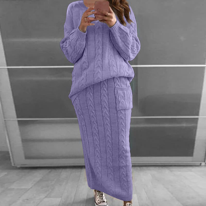 Damen nan Strickset Oversized Zopfmuster-Pullover und Maxi-Bleistiftrock mit aufgesetzter Tasche Shop Nory