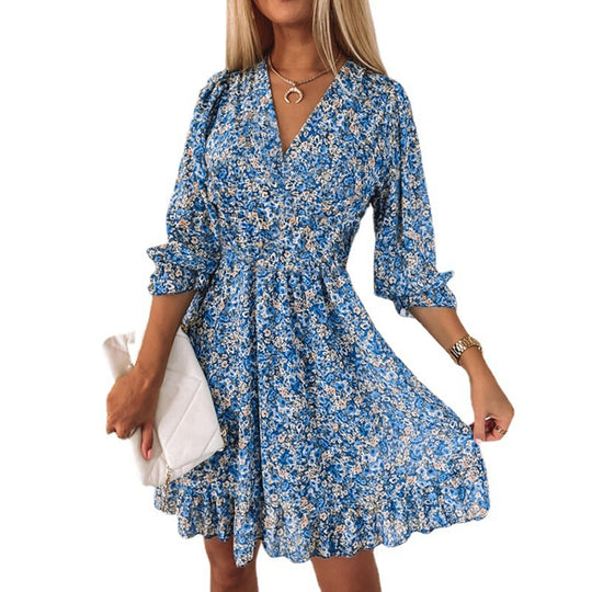 Damen Leichtes Blumen-Minikleid mit V-Ausschnitt, geraffter Taille und Volantbesatz Shop Nory